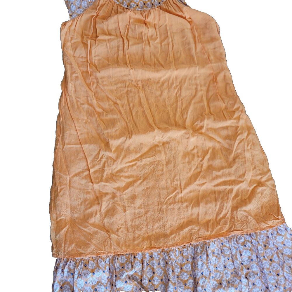 Women's Tiered Maxi Dress w/Pockets SZ L Peasant Boho Orange Blue Diamond - Picture 12 of 14